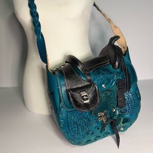 Teal and Black Horse Saddle Leather Bag